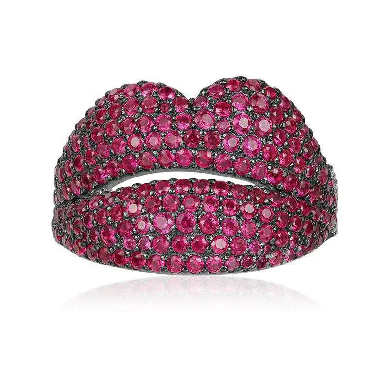 

SLJELY Luxury 925 Sterling Silver Sexy White Red Lip Finger Rings Cubic Zirconia Stones Yao Chen Collection Women Monaco Jewelry