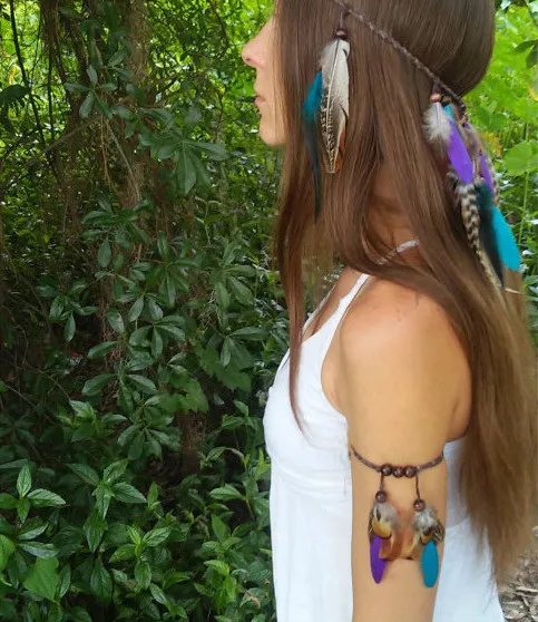 

12 Pcs Bohemian Tribal Multicolor Feather Arm Chain Bracelets For Women Girls Indian Ethnic Wooden Beads Leather Armband Armlet