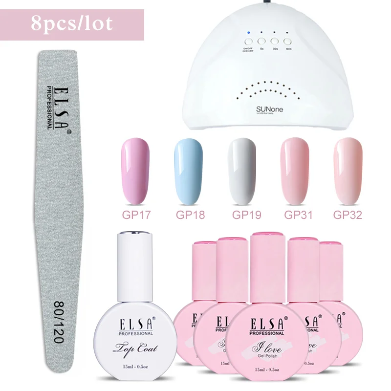 

ELSA 8PCS/LOT Manicure Set Choose 5 Color Base gel with Top Coat Nail Kits 48w Sunone Uv Led Lamp nail gel Nail Art Tool