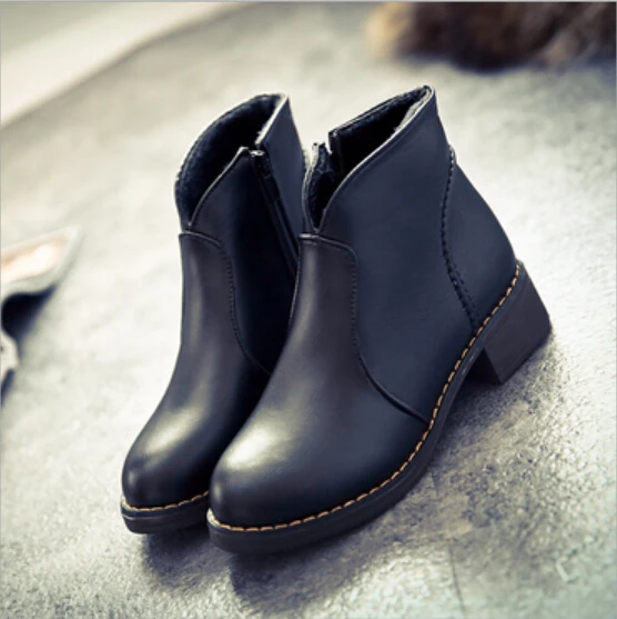 

2016 winter new European and American casual British low-heeled boots side zipper round comfort Martin boots women boots    A107