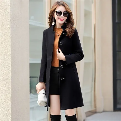 Зимнее женское Шерстяное Пальто, однобортное, осень, длинный рукав, стоячий воротник, тонкое длинное пальто, высокое качество, шерстяное пальто - Цвет: Black