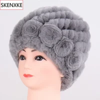 Hot Sale Winter Women Flower Striped Natural Real Fur Hats Lady Warm Knit Genuine Rex Rabbit Fur Caps Outdoor Fur Beanies Hats 1