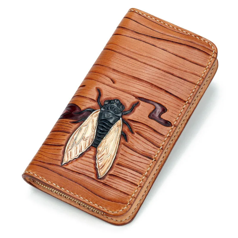 

Unisex long section first layer cowhide handmade animal pattern carved zipper wallet leather large capacity multi-card personali