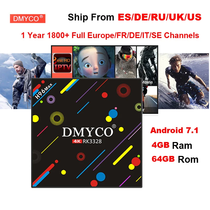 4GB+64GB H96 MAX H3 Android 7.1 TV Box RK3328 with iptv 1 year europe French/italia/arabic/spain/brasil 1800+ channels iptv box