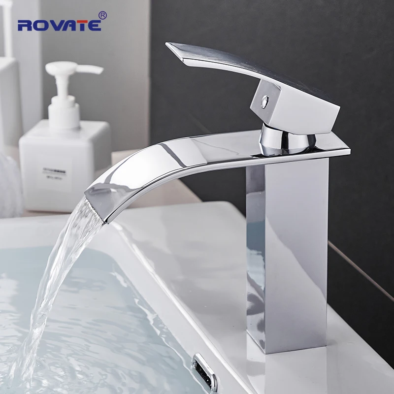 Günstige ROVATE Bad Becken Wasserhahn Wasserfall Deck Montiert Kalt und Warmwasser Mischbatterie Messing Chrom Vanity Schiff Kran