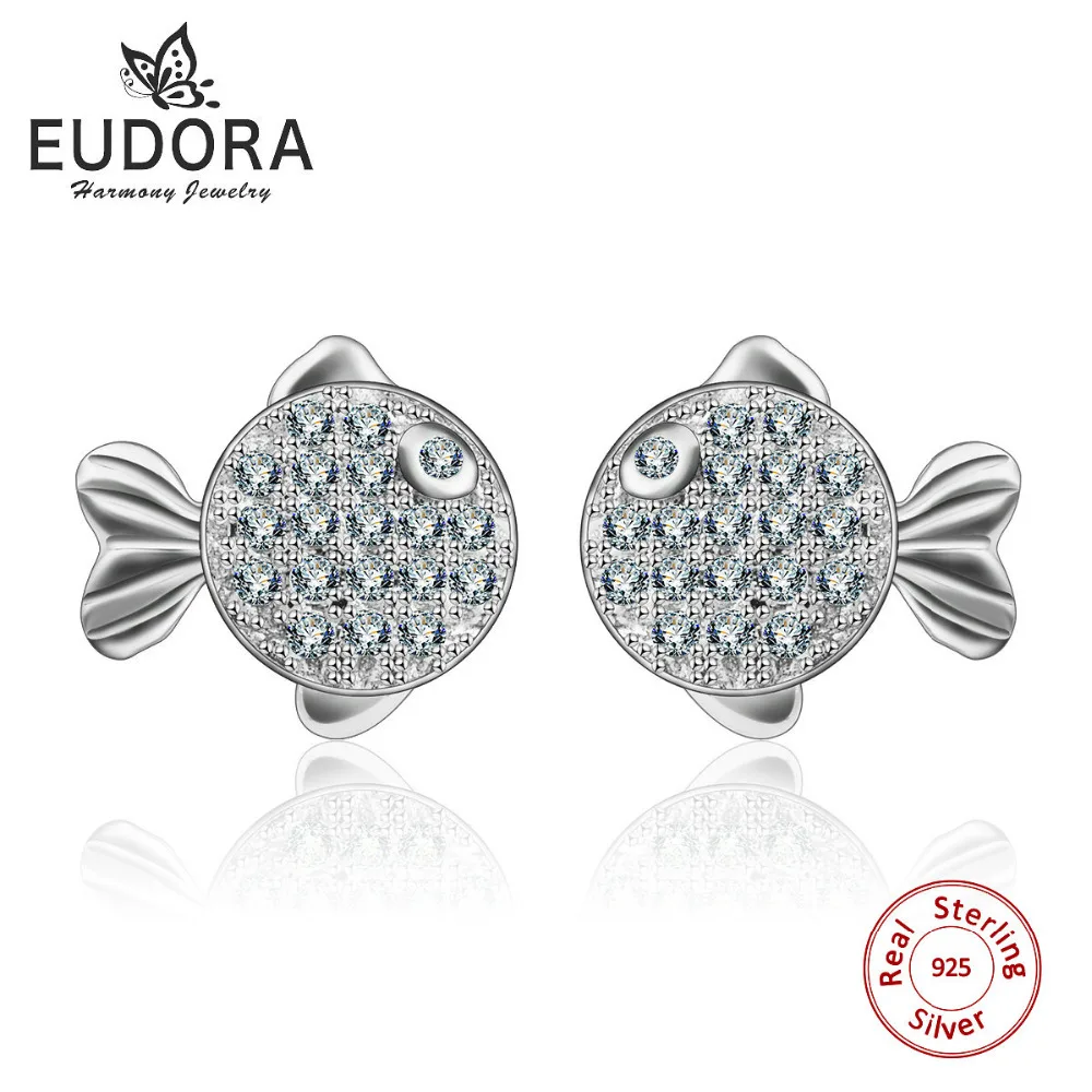 

100% Real Genuine 925 Sterling Earring Jewelry AAA Shinny CZ Fishes Stud Earrings Brincos Fashion Women Gift