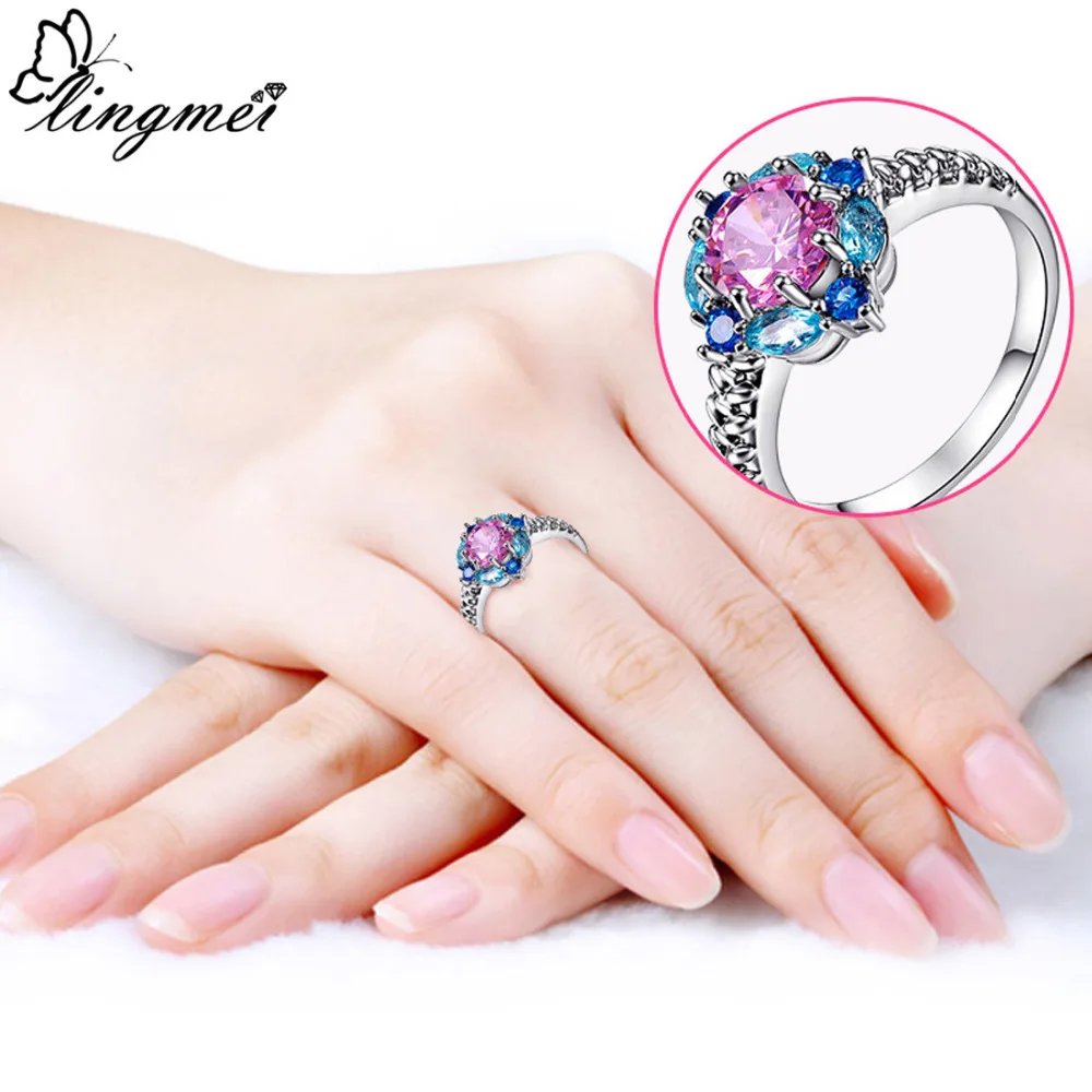 Lingmei обручальное Ювелирные изделия зеленый фиолетовый красный розовый CZ серебряное кольцо размеры 6 7 8 9 10 для Стильное женское кольцо GiftWholesale 26R