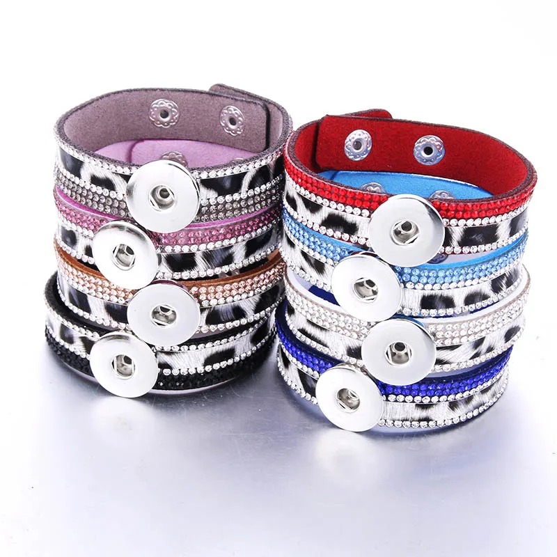 

Leopard Print Snap Button Bracelet Adjustable Leather Bracelet 18mm Snap Buttons Rhinestone Leather Cuff Bangles Jewelry 0593