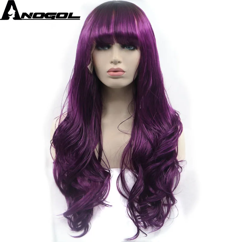 

Anogol Purple 150% density High Temperature Fiber Long Wavy Wigs Fringe Synthetic Lace Front Wig For Women With Flat Bangs