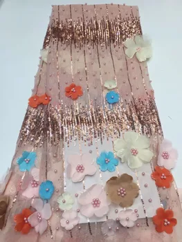

2019 Latest French Net With Beads Embroidery 3D Applique Tulle Lace Fabric High Quality African Mesh Laces Fabrics 5Yards A1876