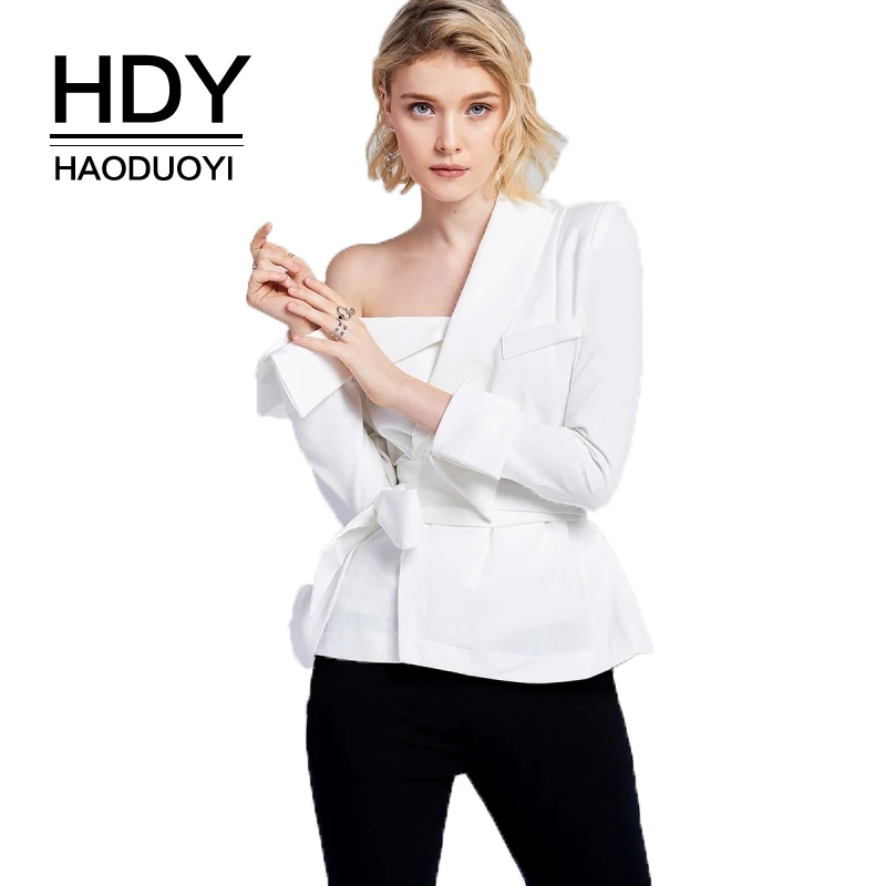  HDY Haoduoyi Solid Long Sleeve One Shoulder Lace Up Waist Blouses Casual Slim OL Botton Cuffed Slee