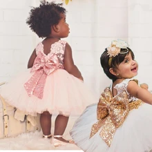 Для маленьких девочек с низким вырезом на спине, летние платья на девочек, платья на девочек Винтаж платье-пачка с блёстками для маленьких детей платье на крестины; платье для крещения младенцев Bebe Платье для первого дня рождения
