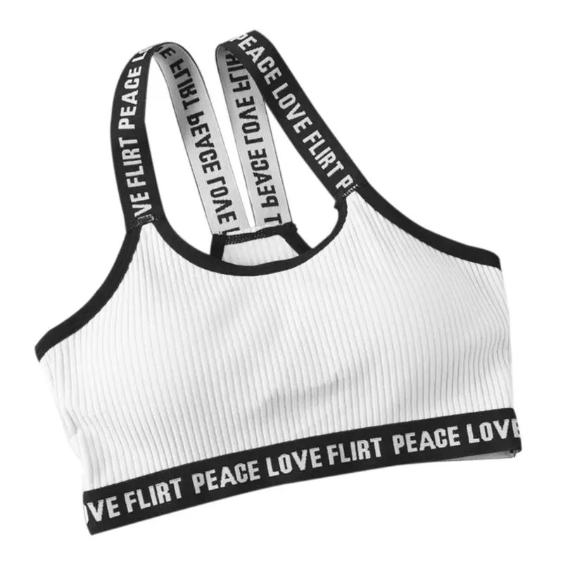 

Women Teenage Girl Sport Bralette Letters Shoulder Strap Cotton Underwear Vertical Stripe Ribbed Knitted Crop Top Wireless