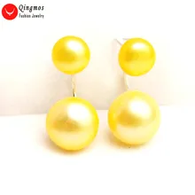 Qingmos серьги с натуральным жемчугом спереди и сзади для женщин 8-11 мм, желтые плоские жемчужные Висячие Двухсторонние серьги-гвоздики, ювелирные изделия 701