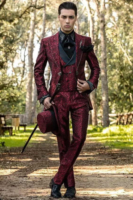 New Jacquard Italian Mens Suits With Pants Burgundy Floral Wedding