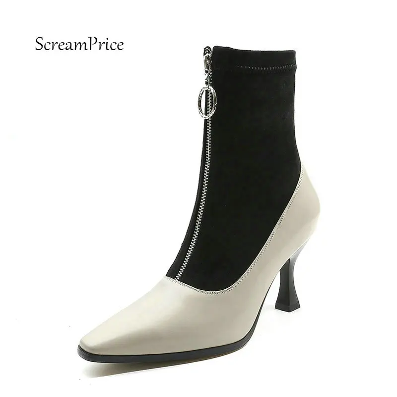 Ladies Genuine Leather Thin Heel Mixed Colors Ankle Boots Fashion Zipper Square Toe Fall Winter Women Bootie Black Beige цена Ladies Genuine Leather Thin Heel Mixed Colors Ankle Boots Fashion Zipper Square Toe Fall Winter Women Bootie Black Beige цены онлайн