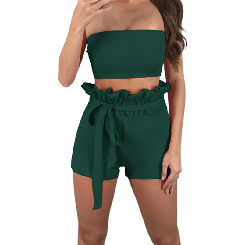Sexy Women Summer New Brand Sets Solid Off The Shoulder Sleeveless Beach Hot Sale Vest Blouse + Shorts Two-Piece Outfit #J25 (1)