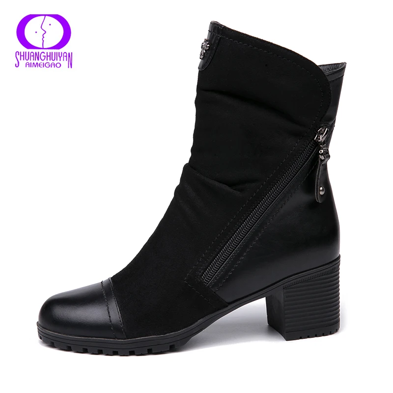 AIMEIGAO New Arrival High Heels boots Women Suede Leather Black Boots Double Zip Short Plush High Quality Women Shoes Women's Shoes