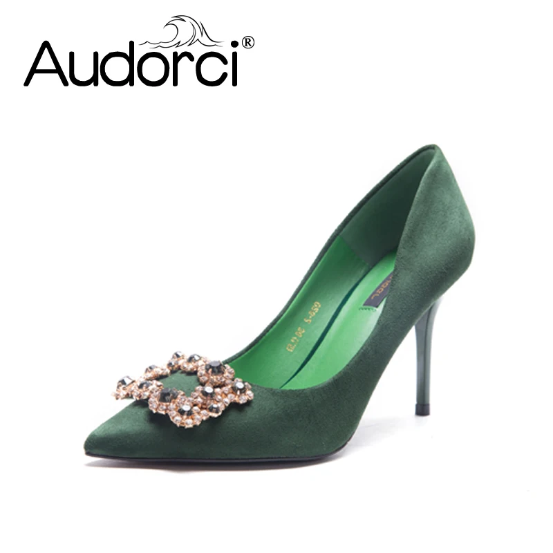 

Audorci 2018 Spring Women's Bling Bling Rhinestones Pump Pointed High Heels European Shallow 3 Color Suede Woman Shoe Size 34-39