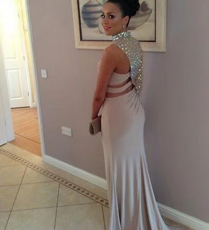 2014 New Vestidos High Collar One Sleeve Rhinestones Keyhole Nude Long Prom Dress1