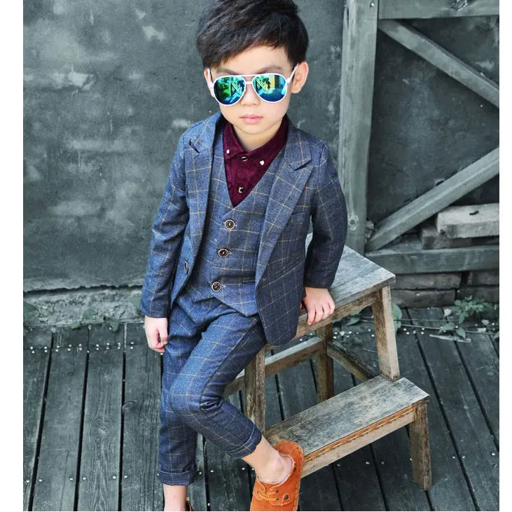 Flower Boys Plaid Wedding Suit Brand England Style Gentle Boy Formal Tuxedos Suit Kids Spring 3Pcs Clothing Set Costume N68