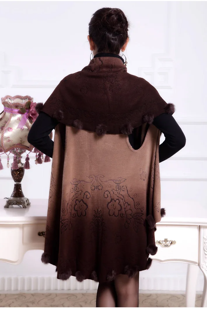 Модное осенне-зимнее пальто цвета хаки с кроличьим мехом Женская Цветочная вязанная кофта кардиган плюс размер шерстяное пончо кардиган