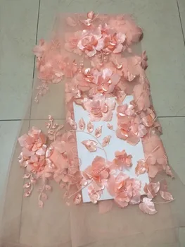 

2018 Latest Peach French Nigerian Laces Fabric 3 D Flowers Beads Tulle African Laces Fabric Wedding African French Tulle Lace