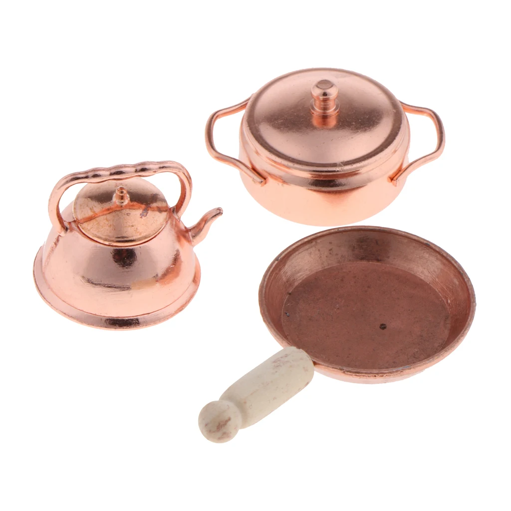1:12 Dollhouse Miniature Bronze Frying Pan Pot Kettle Kitchen Cooking Kit
