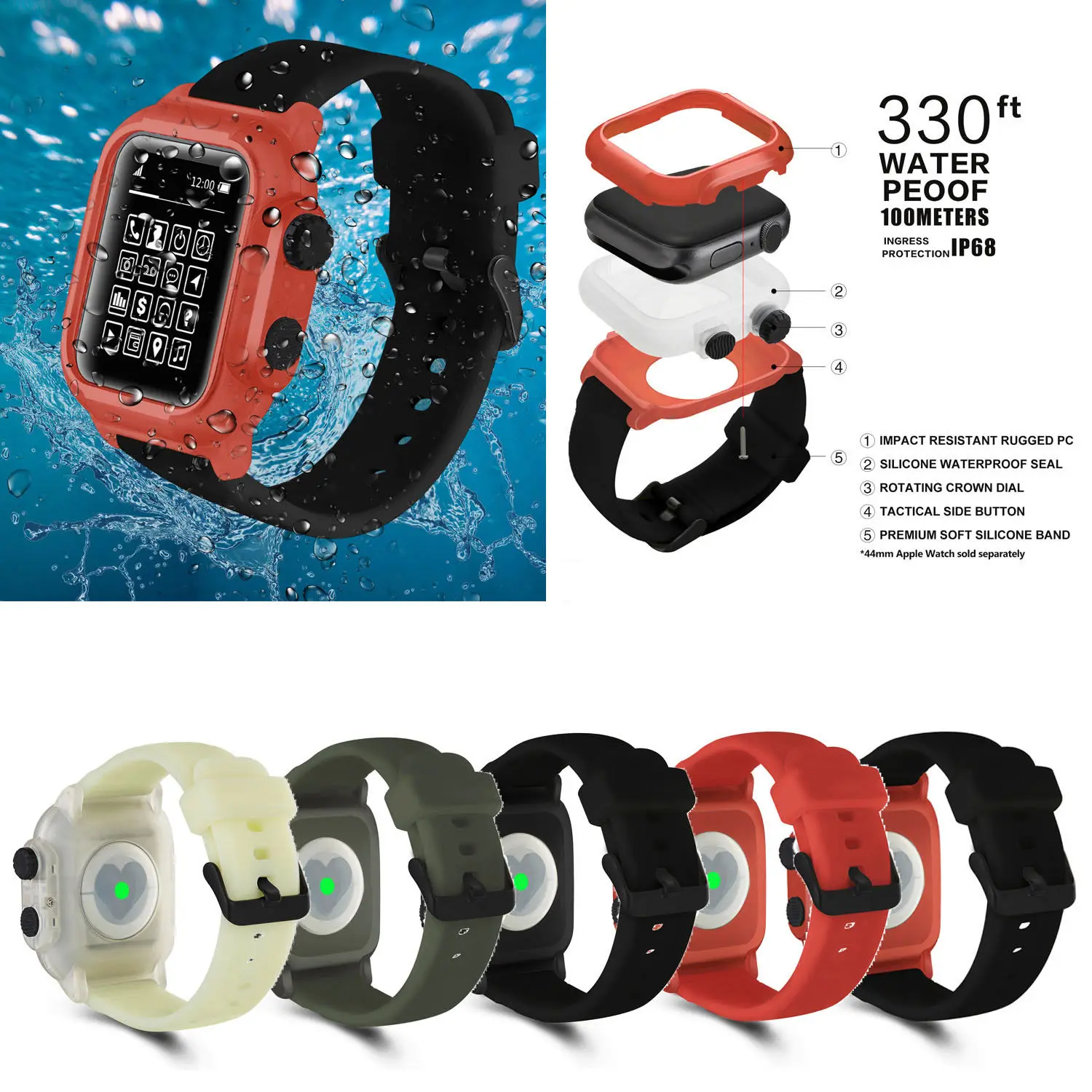 Полная защита IP68 Водонепроницаемый чехол для Apple Watch Series 5 4 3 2 силиконовый ремешок