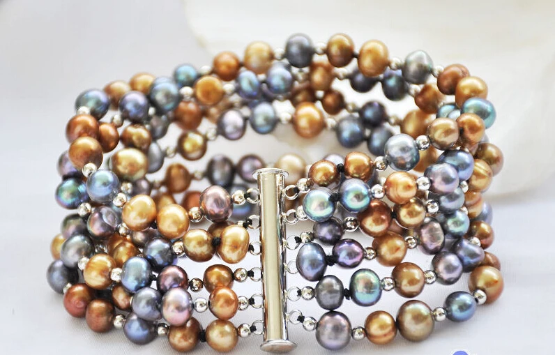 

P5016 6row 8" 7mm round coffee peacock black freshwater pearl bracelet magnet @^Noble style Natural Fine jewe SHIPPING new >>fre