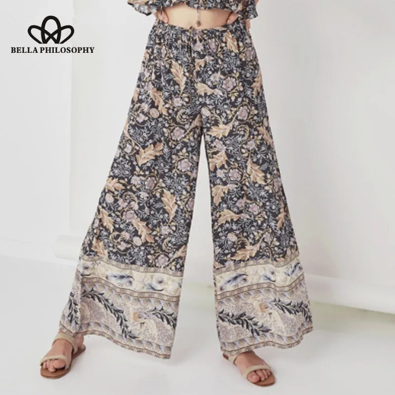 Wonder Bohemian Wide Leg Pants High Waist Female Elastic Vintage Long Pants Casual Lace-Up Lady Print Floral Loose Pants 2019