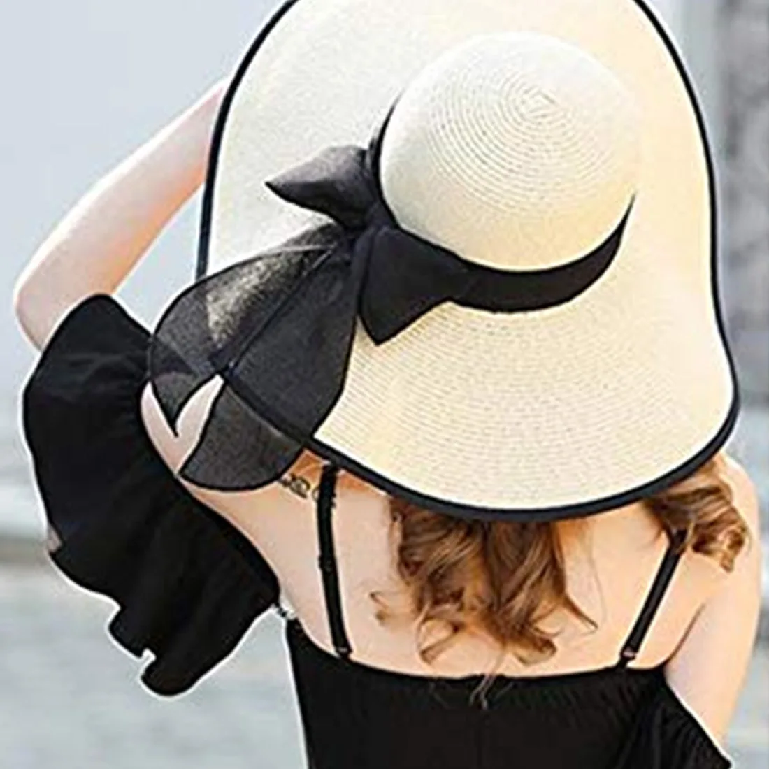 

Korean Style Summer Straw Foldable Beach Sun Hat Thin Ribbon Bowknot UV Protection Wide Brim Adjustable Bucket Cap