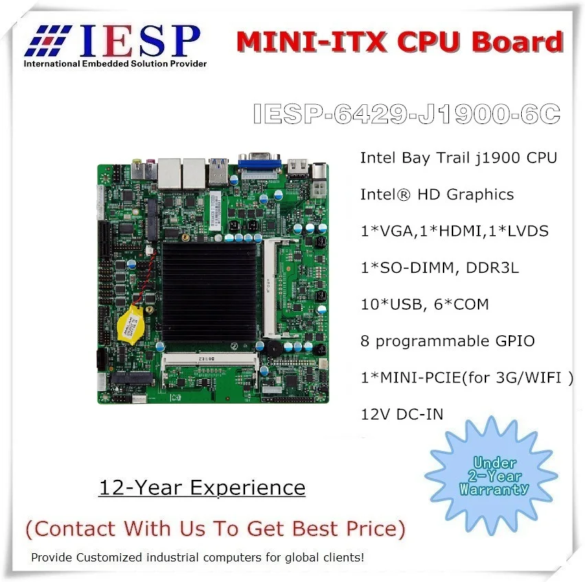 J1900 (2,0 ГГц, 10 Вт, 4 ядра) MINI-ITX встроенных материнская плата, 2 * GLAN, 6 * RS232, 8 x USB2.0, VGA, HDMI