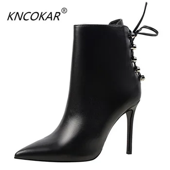 

KNCOKAR 2018 Fashionable sexy night club trim feet show thin heels with high heels and pointed back with riveted ankle boots