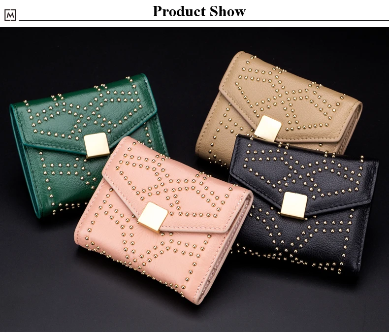 Lomelobo Ladies Rivets Small Wallet Genuine Cow Leather Women Three-Fold Short Personality Wallet Girls Credit Card Holder Purse HPL2627-1 Details (10)