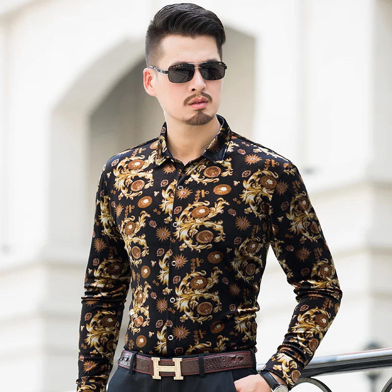 2017 New Autumn & Winter Mens Fashion Gold Velvet Shirt Male Business ...