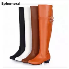 Женская обувь для костюмированной вечеринки высокие сапоги до колена Осенняя плюшевая обувь на меху ботинки на танкетке на низком каблуке с пряжкой на молнии из мягкой кожи, большие размеры 47-4