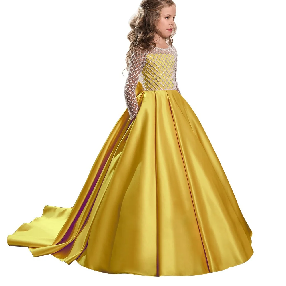Новое платье с цветами для девочки кнопка Draped из атласа с длинным рукавом Бальные платья для детей для маленьких девочек формальный повод со дня рождения платье - Цвет: Золотой