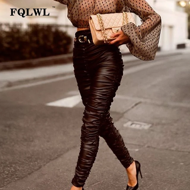 FQLWL Sexy Bodycon PU Leather Pants Women Autumn Black Long High Waist Pencil Pleated Pants Streeetwear Ladies Trousers Leggings
