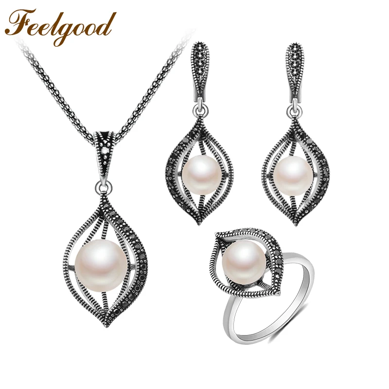 Feelgood Imitation Pearl Jewelry Set Vintage Silver Color Copper Pave Black CZ Eyes Shape Necklace Earrings Ring Sets 2018 New | Украшения