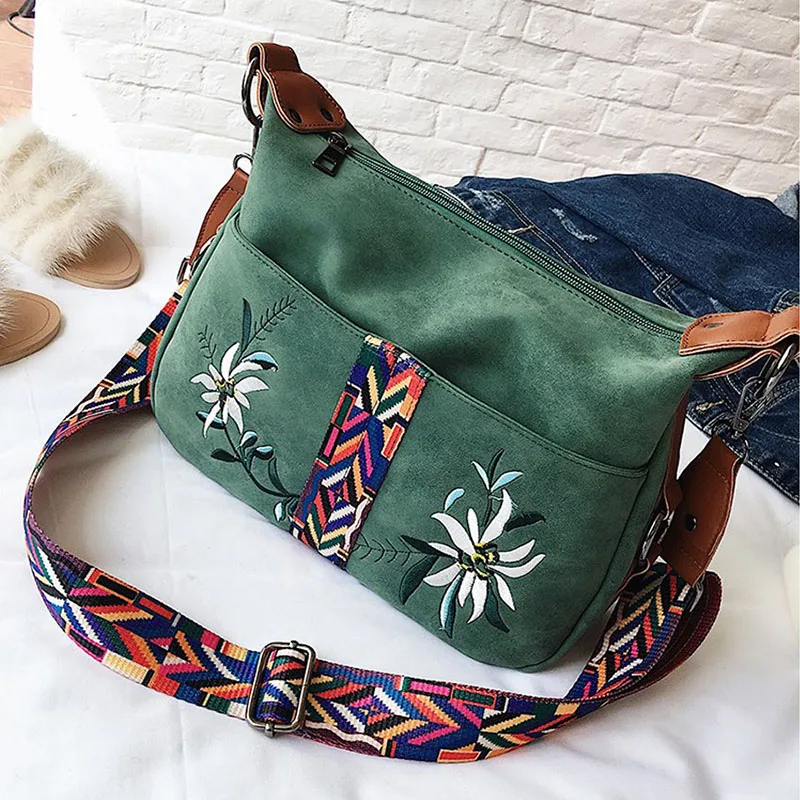 women knit shoulder strap bag 2017 vintage designer leather suede handbags flower embroidered ...