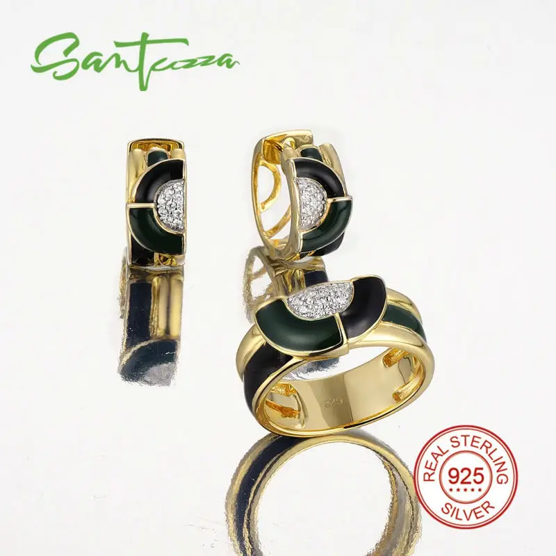 Silver Jewelry Sets Yellow Gold Plated Cubic Ziconia Green Black Enamel Belt Earrings font b Ring