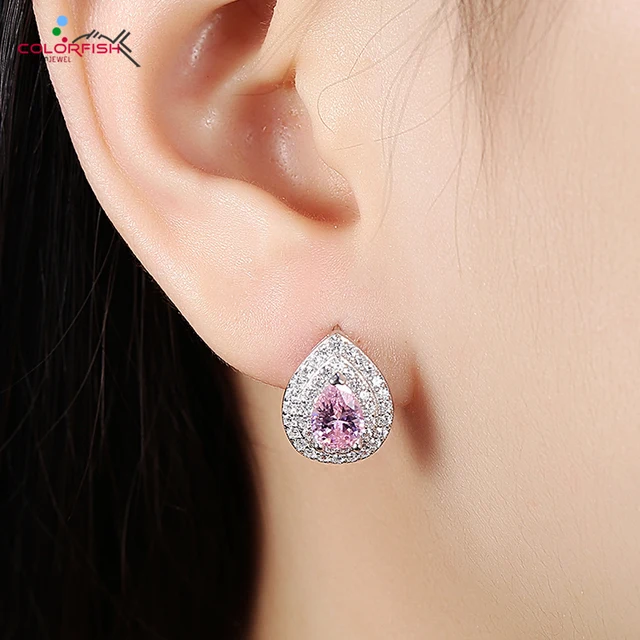 Aliexpress Colorfish 925 Sterling Silver Pear Cut Pink Colorfish 925 Sterling Silver Pear Cut Pink Stone Stud Earrings For Women Sparkling Micro Pave Double