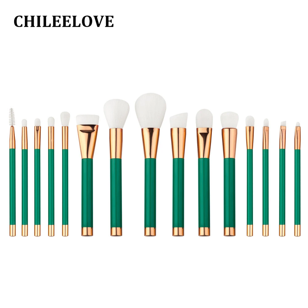 CHILEELOVE 15 Piece Green Purple Makeup Brushes Set Kit Professional