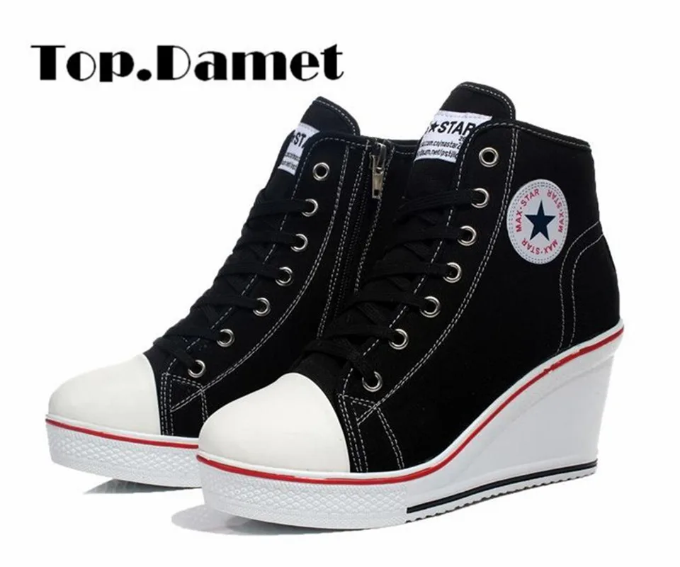 

Top.Damet Women Fashion Casual Wedges Heels High Top Solid Color Zip Canvas Shoes Breathable Platform Sneakers Woman Plus Size