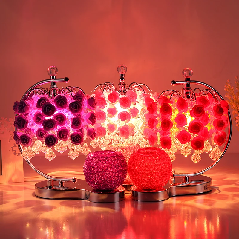 

Romantic rose table lights for Bedroom bedside lamp rose wedding room table lamp plug creative red/purple table lamps ZH
