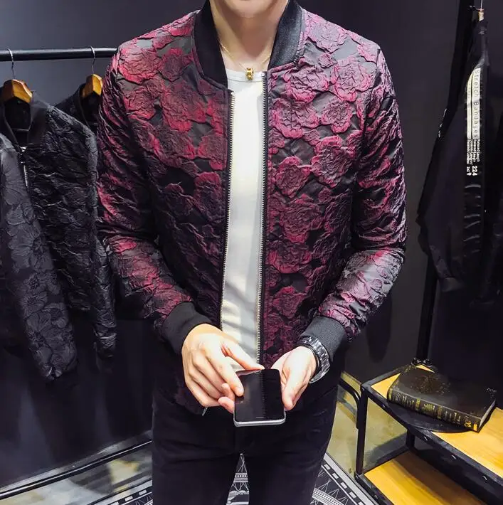 

2018 Autumn New Jacquard Bomber Jackets Men Luxury Wine Red Black Grey Party Jacket Outfit Club Bar Coat Men Casaca Hombre 4XL