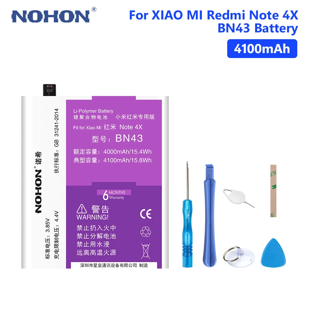 

NOHON BN43 Battery For Real 4100mAh Rechargeable Phone Bateria Xiaomi Redmi Note 4X Snapdragon 625 Free Tools Retail Package
