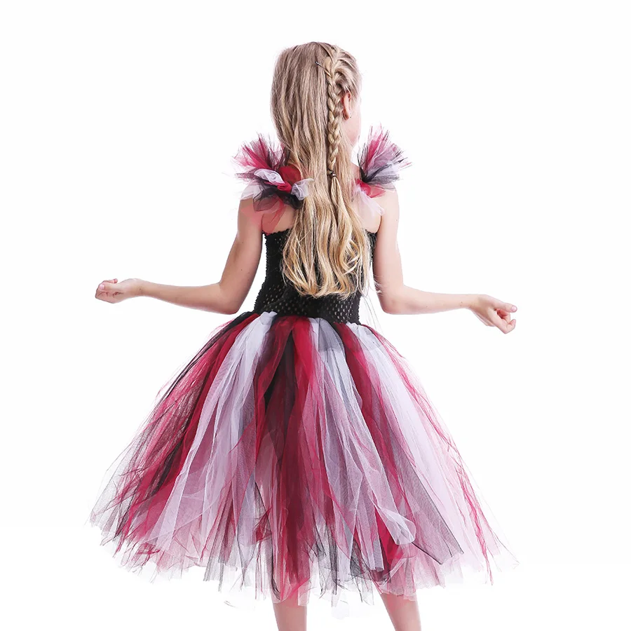 Black Wine Kids Halloween Purim Costume Evil Queen Inspired Girls Handmade Tutu Dress with Horns Children Scary Bow Gown (4)