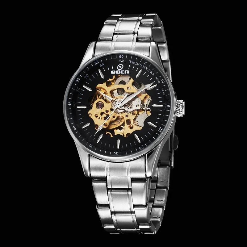 GOER brand Men s sports Mechanical Wrist watch Stainless Steel waterproof male Automatic Luminous Skeleton digital